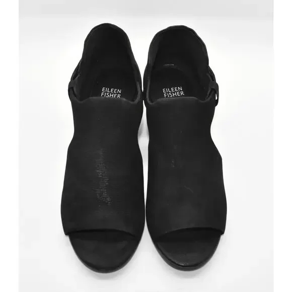 A7 Auth EILEEN FISHER Iris Black Nubuck Cutout Peep Toe Block Heels Sandals Sz 9 - Picture 4 of 7